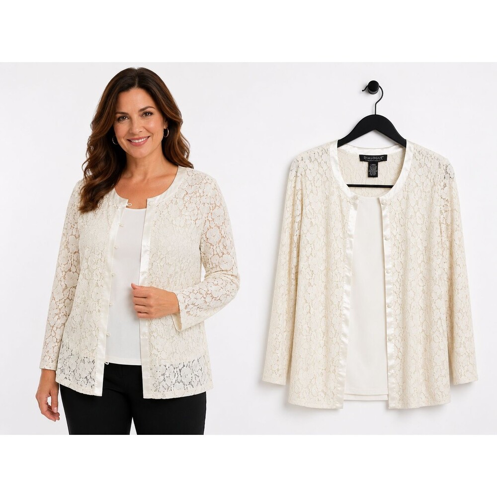New Dialogue Cream Lace Cardigan Size Large Matching Satin Trimmed Top